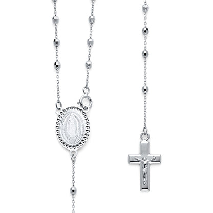 Silver rosary necklace with a central pendant and cross on a white background available on the TX.ORO website.