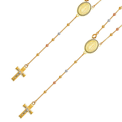 Gold necklace with crosses and medallions on a white background availabe on TX.ORO website.