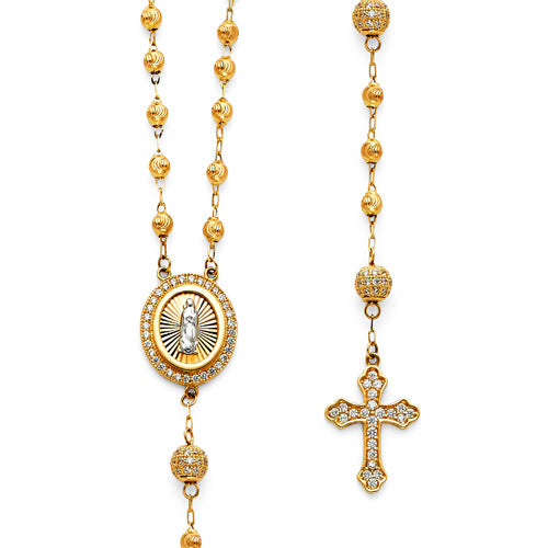 Gold rosary necklace with a central pendant and cross on a white background available on the TX.ORO website.