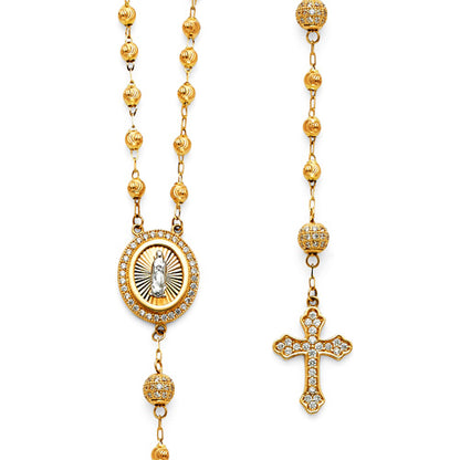 Gold rosary necklace with a central pendant and cross on a white background available on the TX.ORO website.