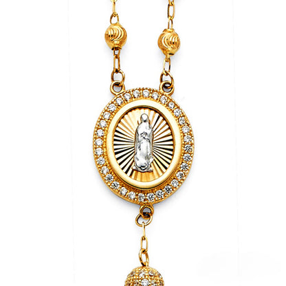 Gold necklace with a pendant featuring a religious figure on a white background available on the TX.ORO website.