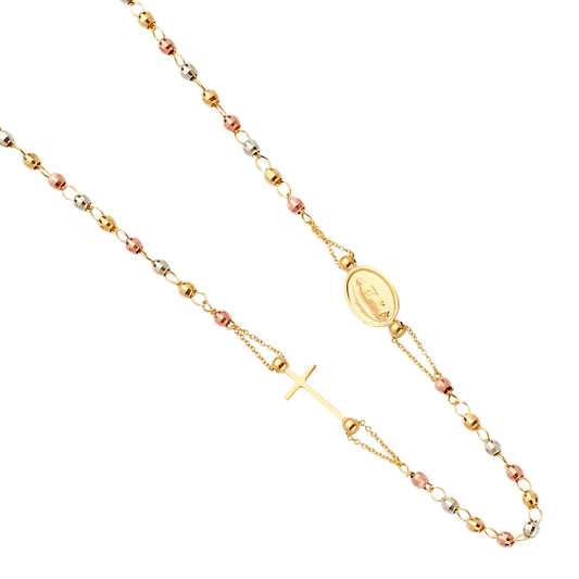 14K Tri-Color Gold Guadalupe Rosary Necklace with Crucifix - Catholic Beaded Rosary Chain