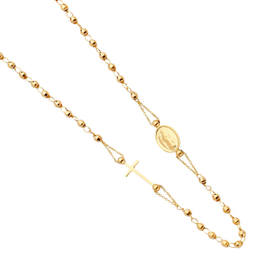 Gold rosary chain with beads and a cross on a white background available on the TX.ORO website.