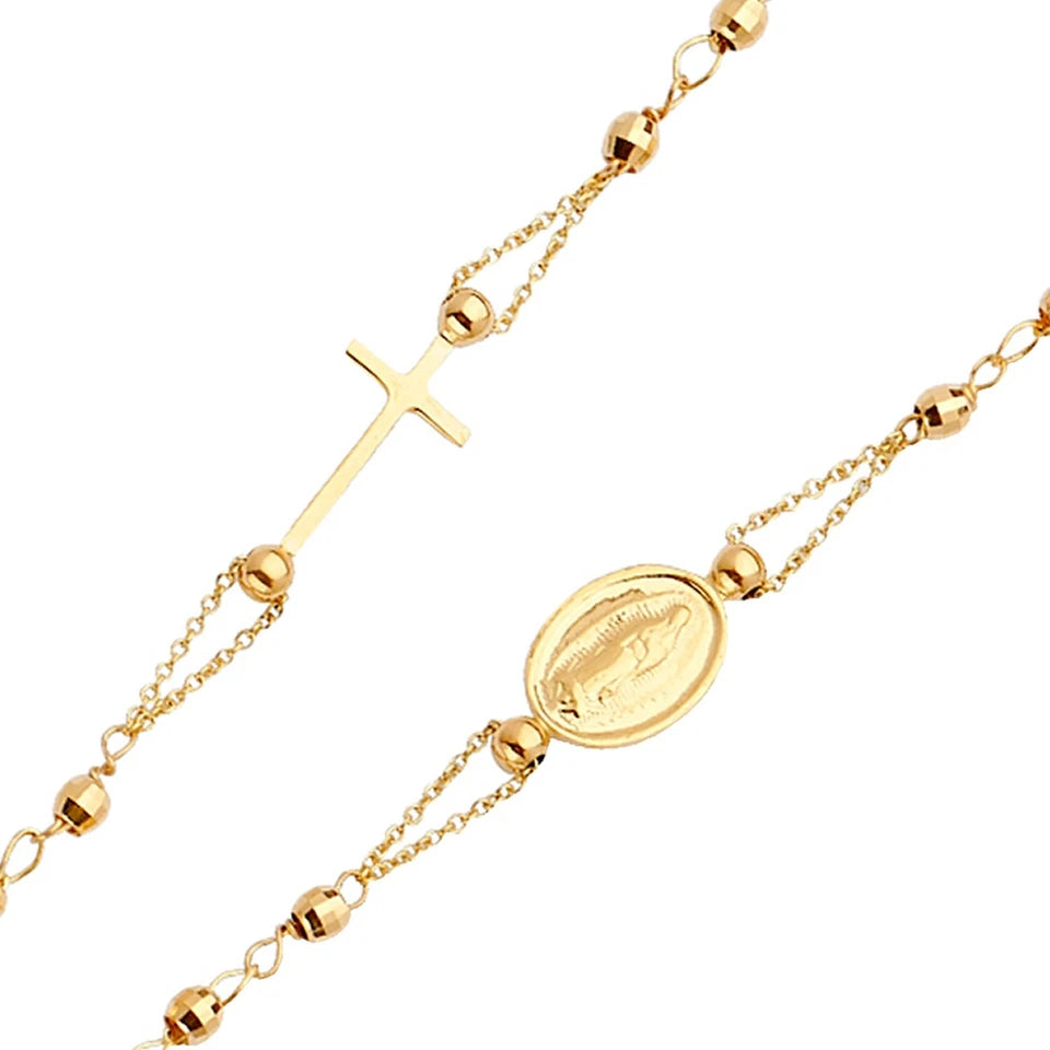 Gold rosary necklace with a cross and medal on a white background available on the TX.ORO website.