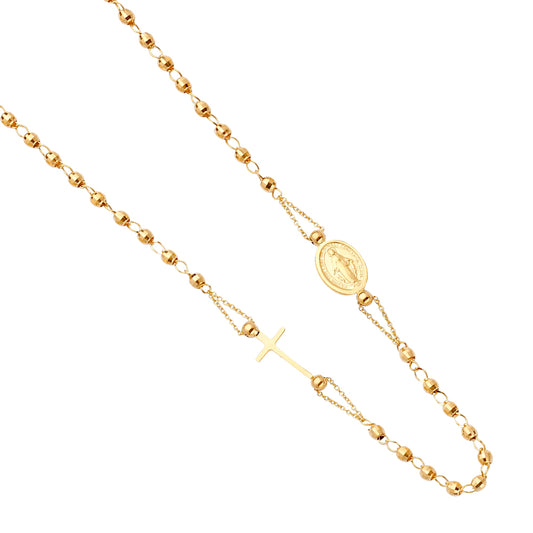 Gold rosary necklace with beads and a cross on a white background available on the TX.ORO website.