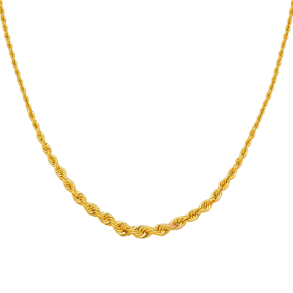 Gold rope chain necklace on a white background available on the TX.ORO website.