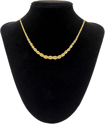 Gold chain necklace on a black velvet bust available on the TX.ORO website.