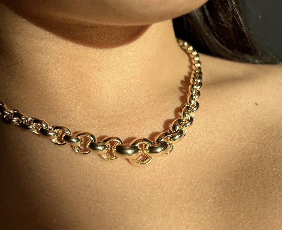 14K Yellow Gold Fancy Graduated Hollow Link Chain Necklace - Jewelry Gift for Women