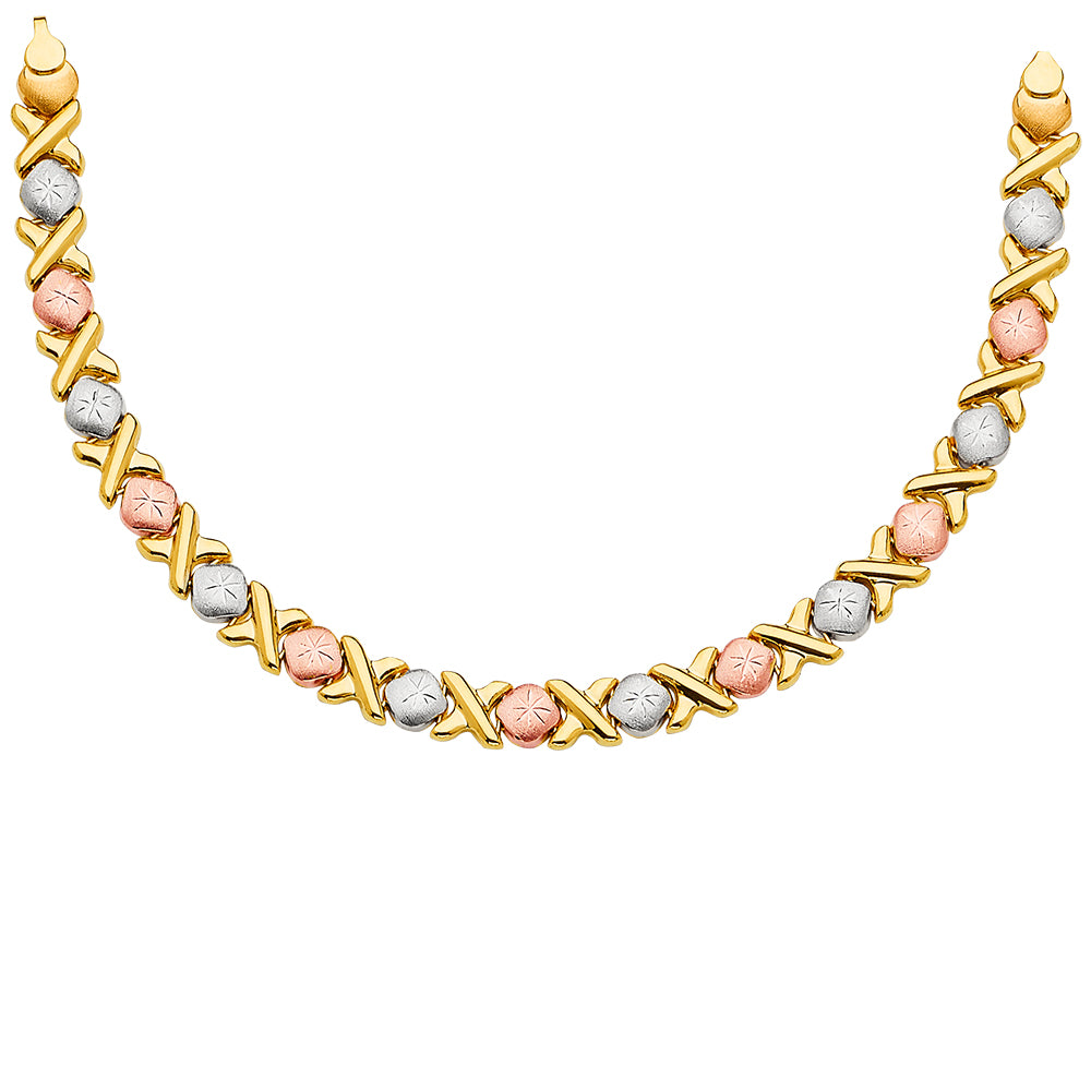 Gold, silver, and rose gold necklace on a white background available on the TX.ORO website.