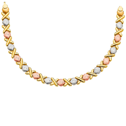 Gold, silver, and rose gold necklace on a white background available on the TX.ORO website.