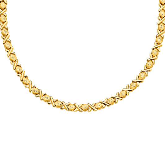 Gold necklace with interwoven design on a white background available on the TX.ORO website.