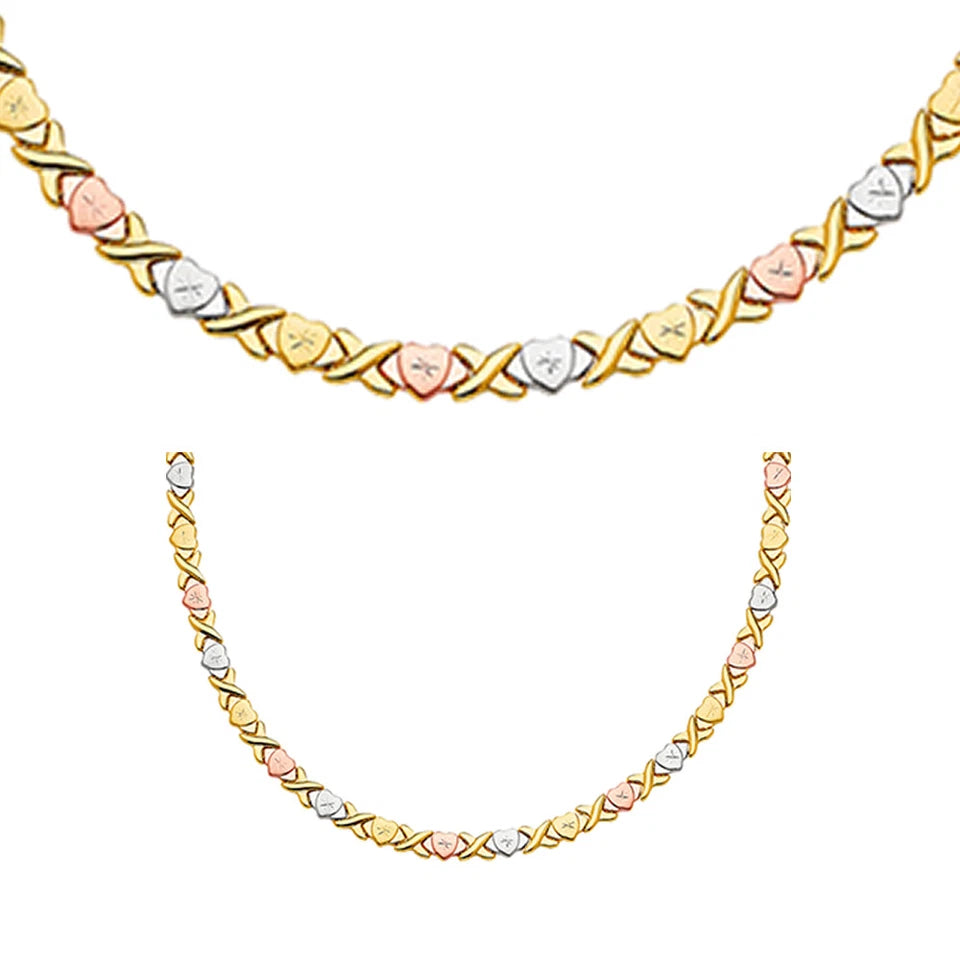 Tri-color gold necklace with heart-shaped links on a white background available on the TX.ORO website.