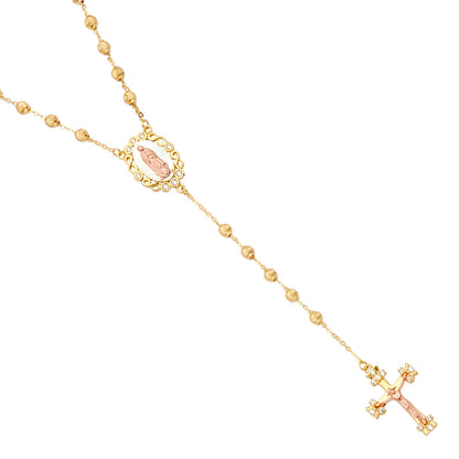Gold rosary necklace with a cross pendant on a white background available on the TX.ORO website.