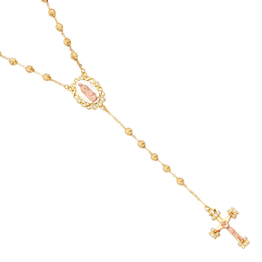 Gold rosary necklace with a cross pendant on a white background available on the TX.ORO website.