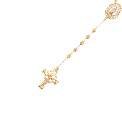 Gold rosary necklace with cross and pendant on a white background available on the TX.ORO website.