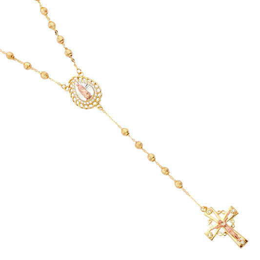 Gold rosary necklace with a cross pendant on a white background available on the TX.ORO website.
