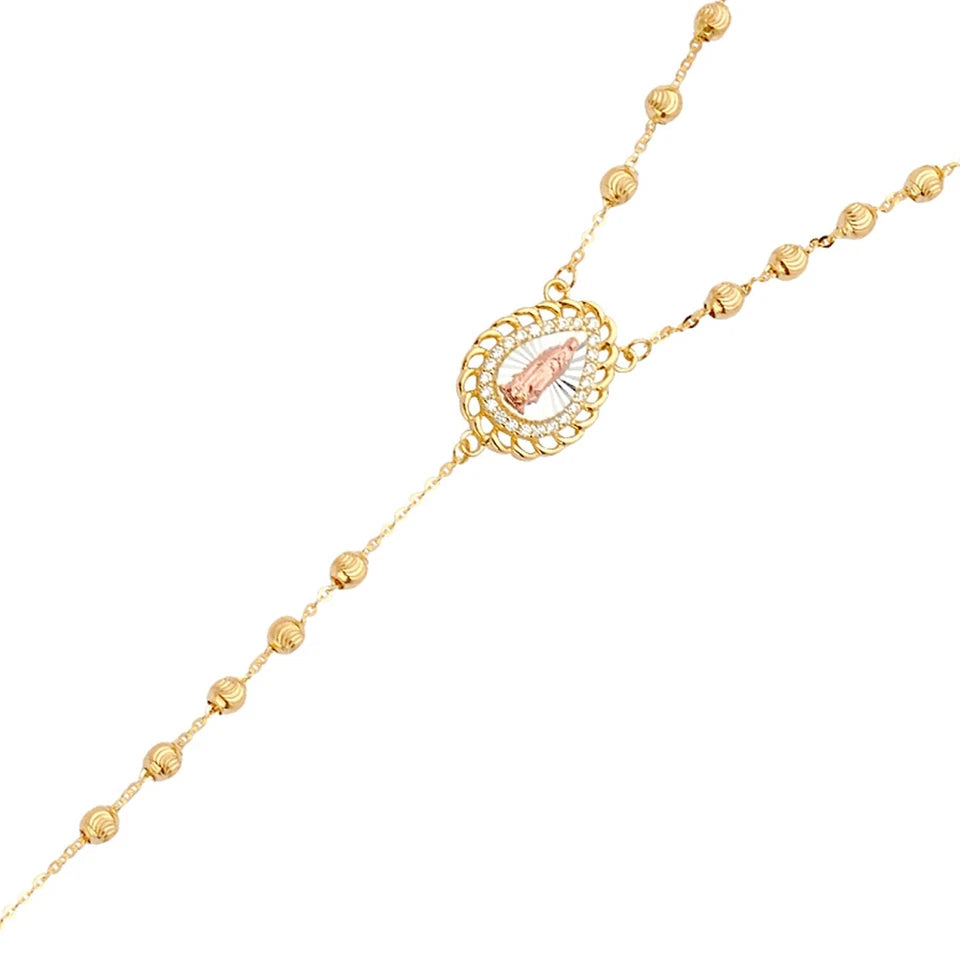 14K Tri-Color Gold 3mm Moon Cut Ball Cubic Zirconia Rosary Necklace with Crucifix
