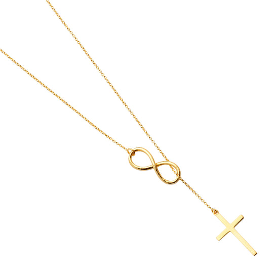 Gold necklace with infinity symbol and cross pendant on a white background available on the TX.ORO website.