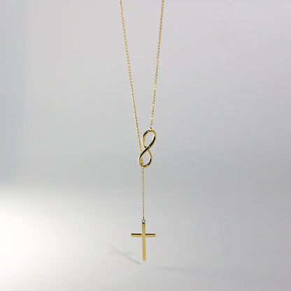 Gold necklace with an infinity symbol and cross pendant on a light gray background available on the TX.ORO website.