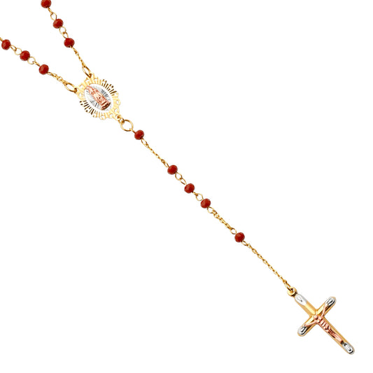 Gold rosary necklace with red beads on a white background available on the TX.ORO website.