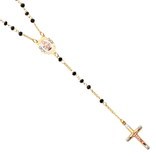 Gold and rose gold rosary necklace with black beads on a white background available on the TX.ORO website.
