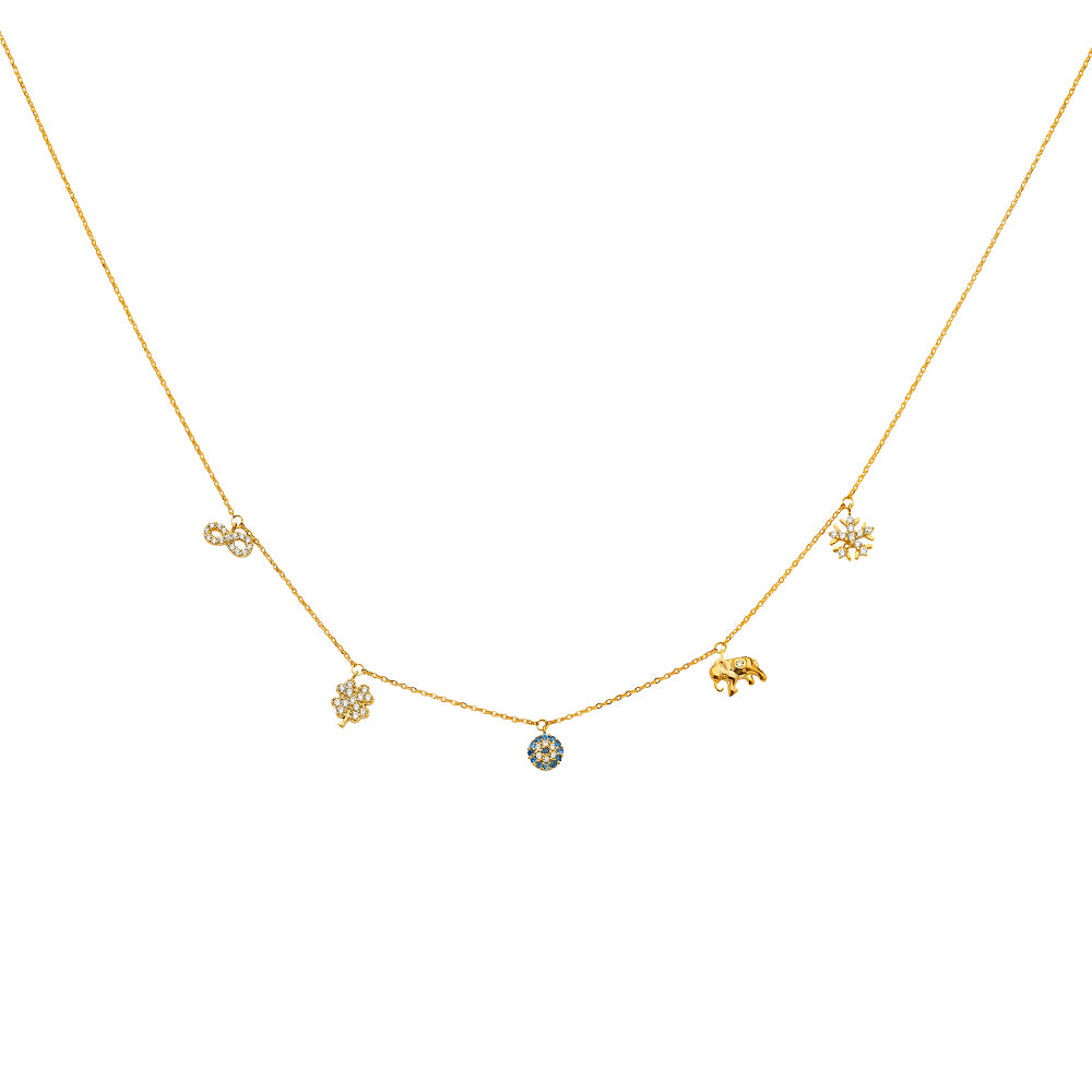 Gold necklace with small pendants on a white background available on the TX.ORO website.