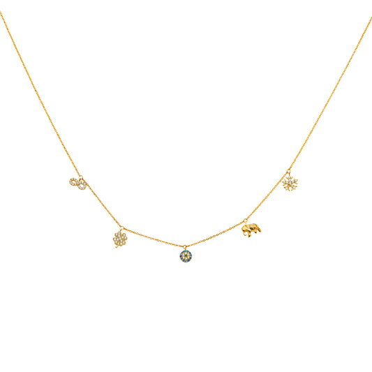 Gold necklace with small pendants on a white background available on the TX.ORO website.