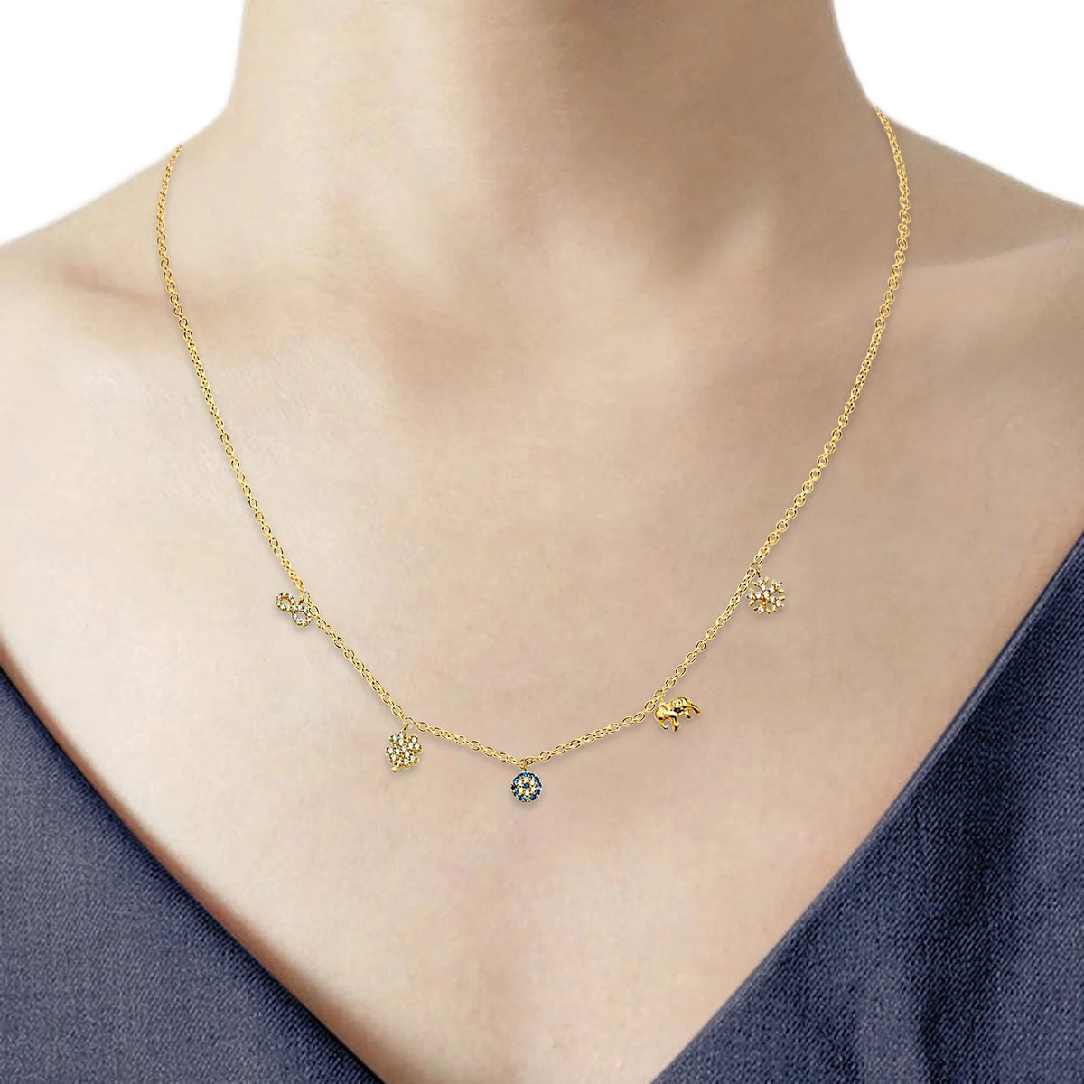 14K Yellow Gold CZ Lightweight Dangle Lucky Charm Necklace - 17” + 1”