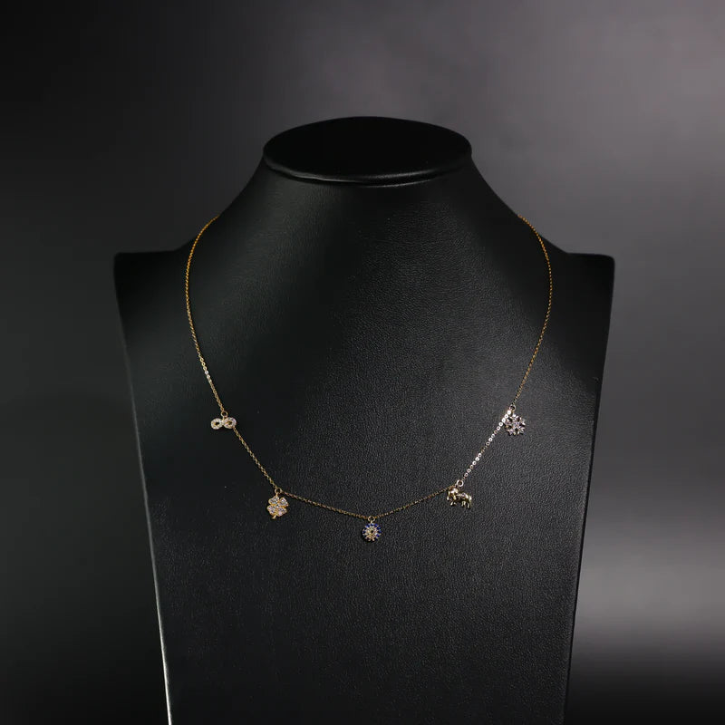 14K Yellow Gold CZ Lightweight Dangle Lucky Charm Necklace - 17” + 1”