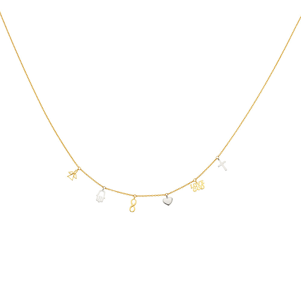 14K Two-Tone Gold Dangling Light Lucky Charm Necklace - 17”+1”