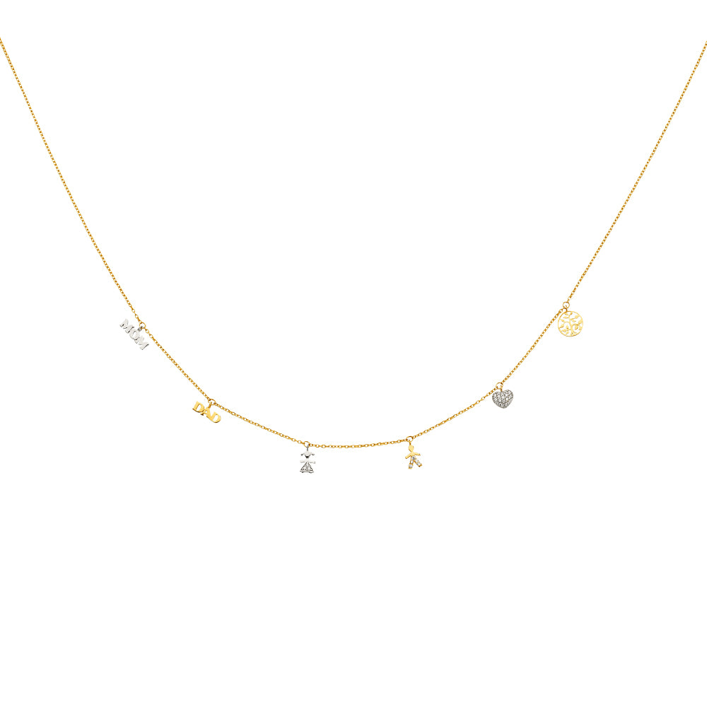 Gold necklace with various charms on a white background available on the TX.ORO website.