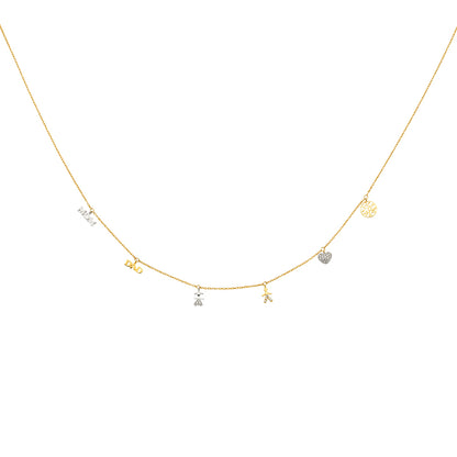 Gold necklace with various charms on a white background available on the TX.ORO website.