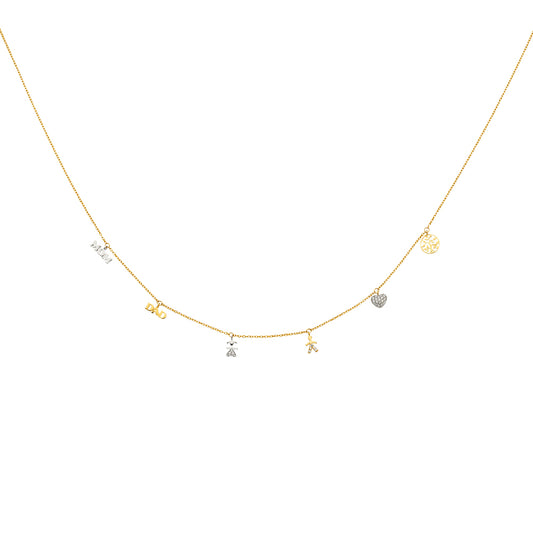 Gold necklace with various charms on a white background available on the TX.ORO website.