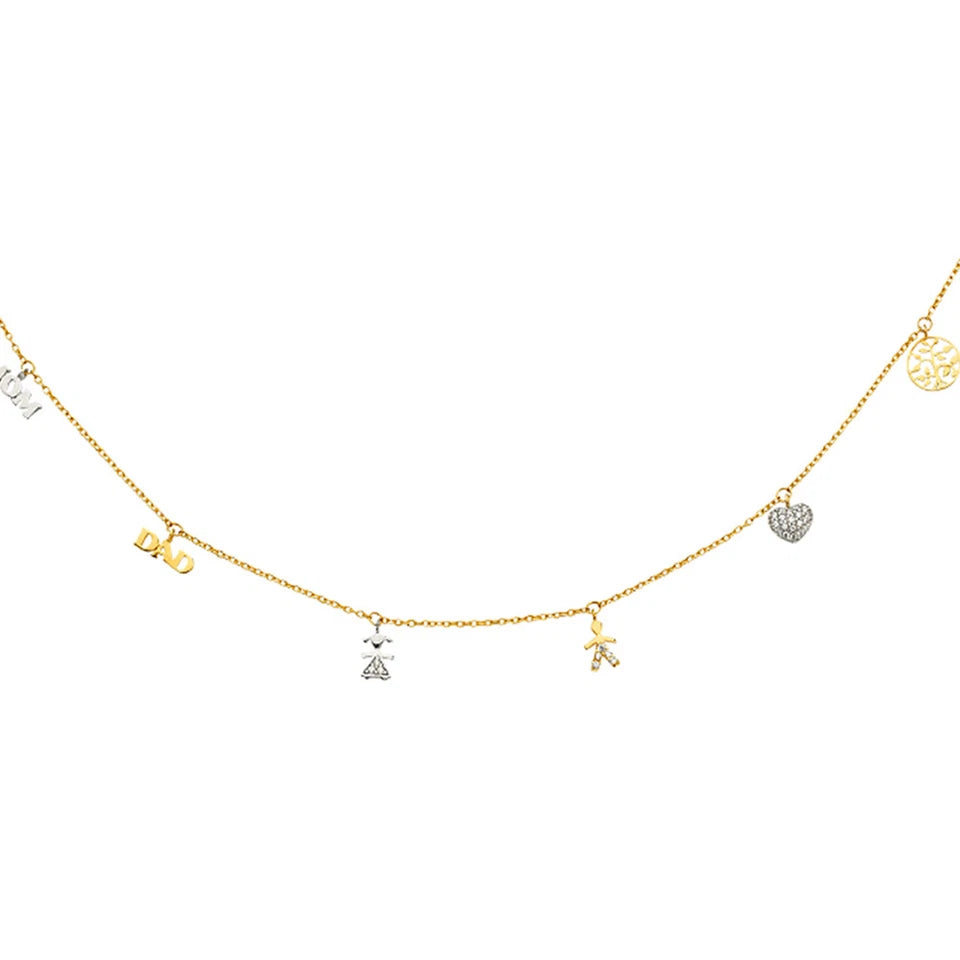 Gold necklace with various charms on a white background available on the TX.ORO website.