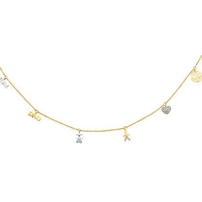 Gold necklace with various charms on a white background available on the TX.ORO website.