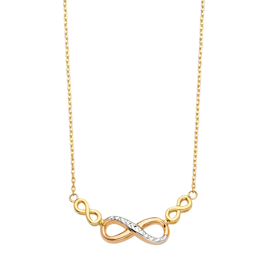 Gold and silver infinity necklace on a white background available on the TX.ORO website.