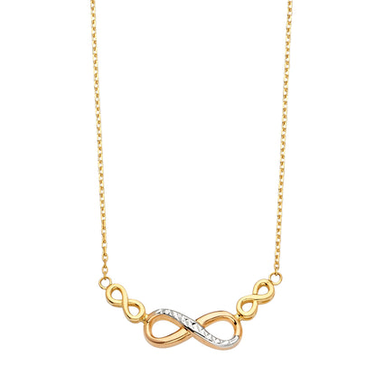Gold and silver infinity necklace on a white background available on the TX.ORO website.