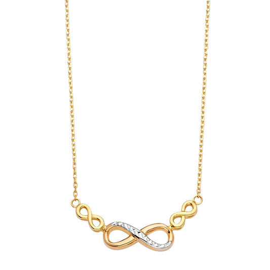 Gold and silver infinity necklace on a white background available on the TX.ORO website.