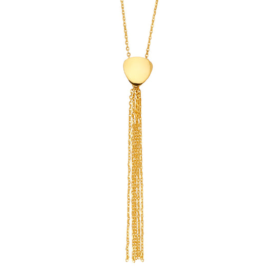 Gold necklace with a heart-shaped pendant and tassels on a white background available on the TX.ORO website.