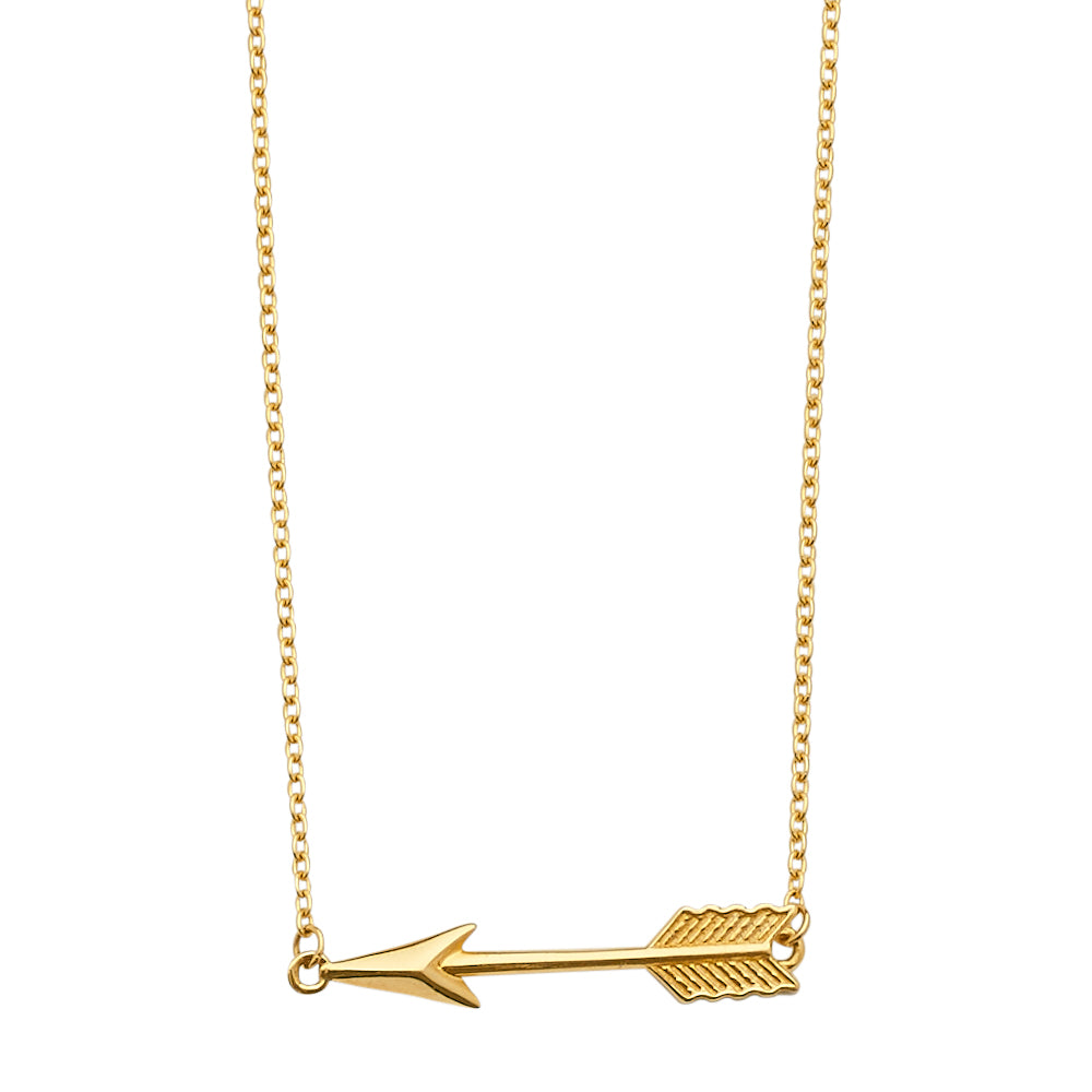 Gold arrow-shaped pendant on a chain against a white background available on the TX.ORO website.