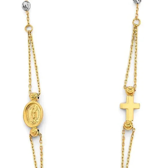 Gold necklace with religious pendant and cross on a white background available on the TX.ORO website.