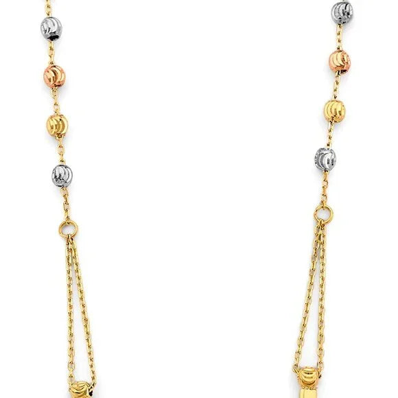 Gold and silver beaded necklace on a white background available on the TX.ORO website.