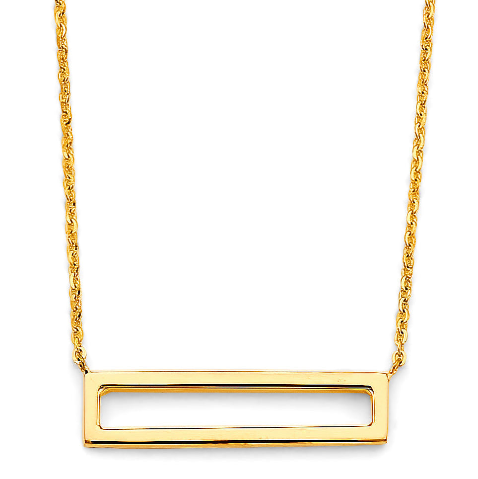 Gold necklace with a rectangular pendant on a white background available on the TX.ORO website.