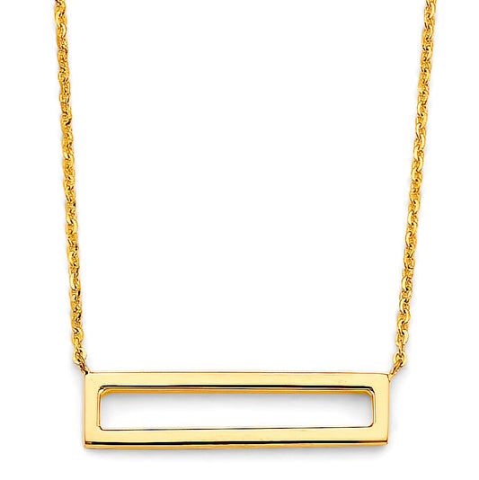 Gold necklace with a rectangular pendant on a white background available on the TX.ORO website.