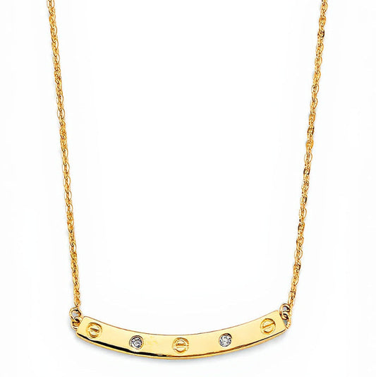 Gold necklace with a curved pendant featuring small stones on a white background available on the TX.ORO website.