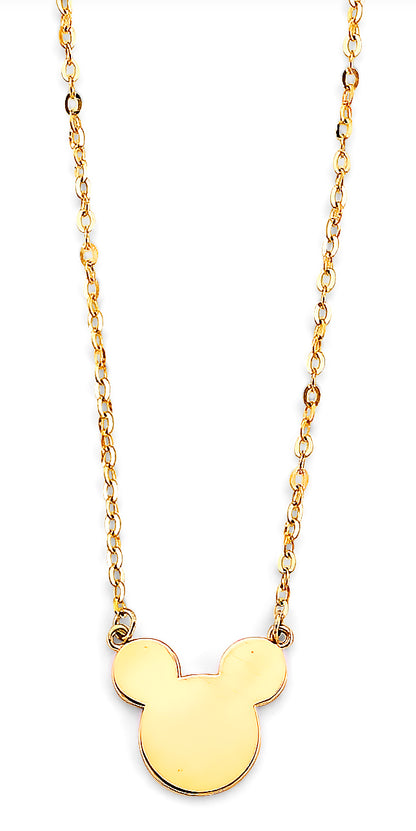 14K Yellow Gold Plain Cartoon Mouse Necklace for Women & Girls