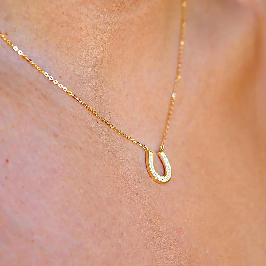 14K Solid Yellow Gold Lucky Horseshoe Charm Necklace