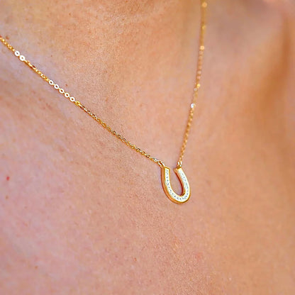 14K Solid Yellow Gold Lucky Horseshoe Charm Necklace
