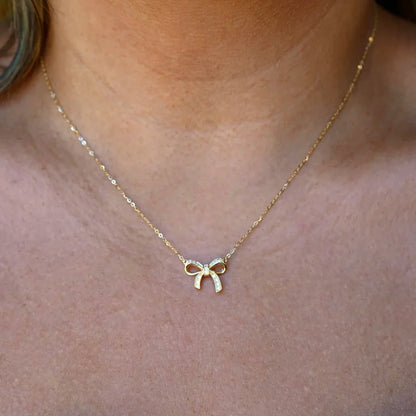 14K Yellow Gold Bow Pendant Charm Necklace for Women