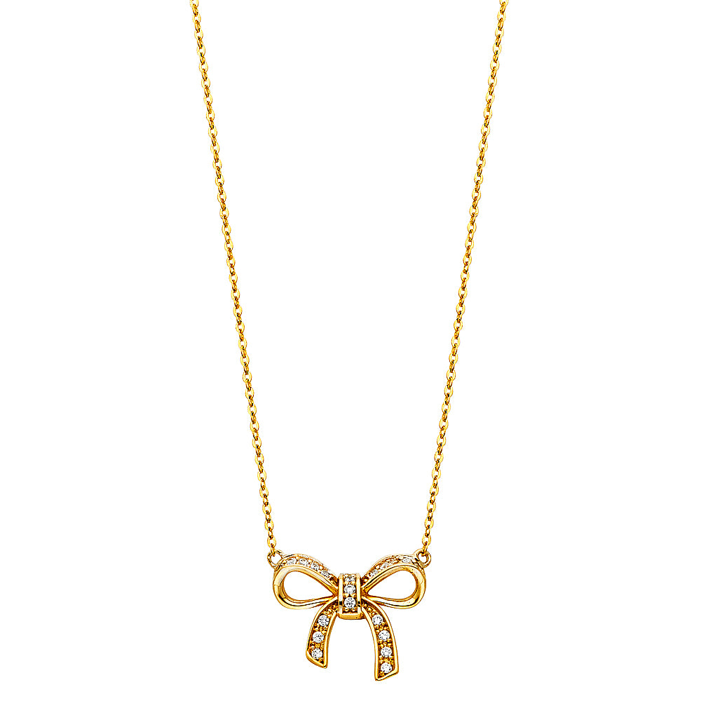 14K Yellow Gold Bow Pendant Charm Necklace for Women